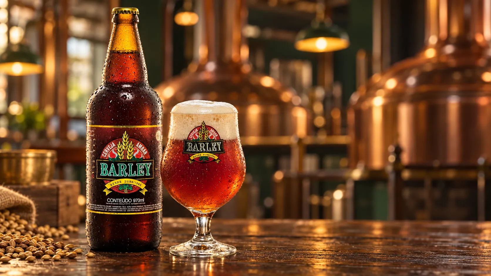 Garrafa e copo de cerveja Barley Âmbar em ambiente de cervejaria