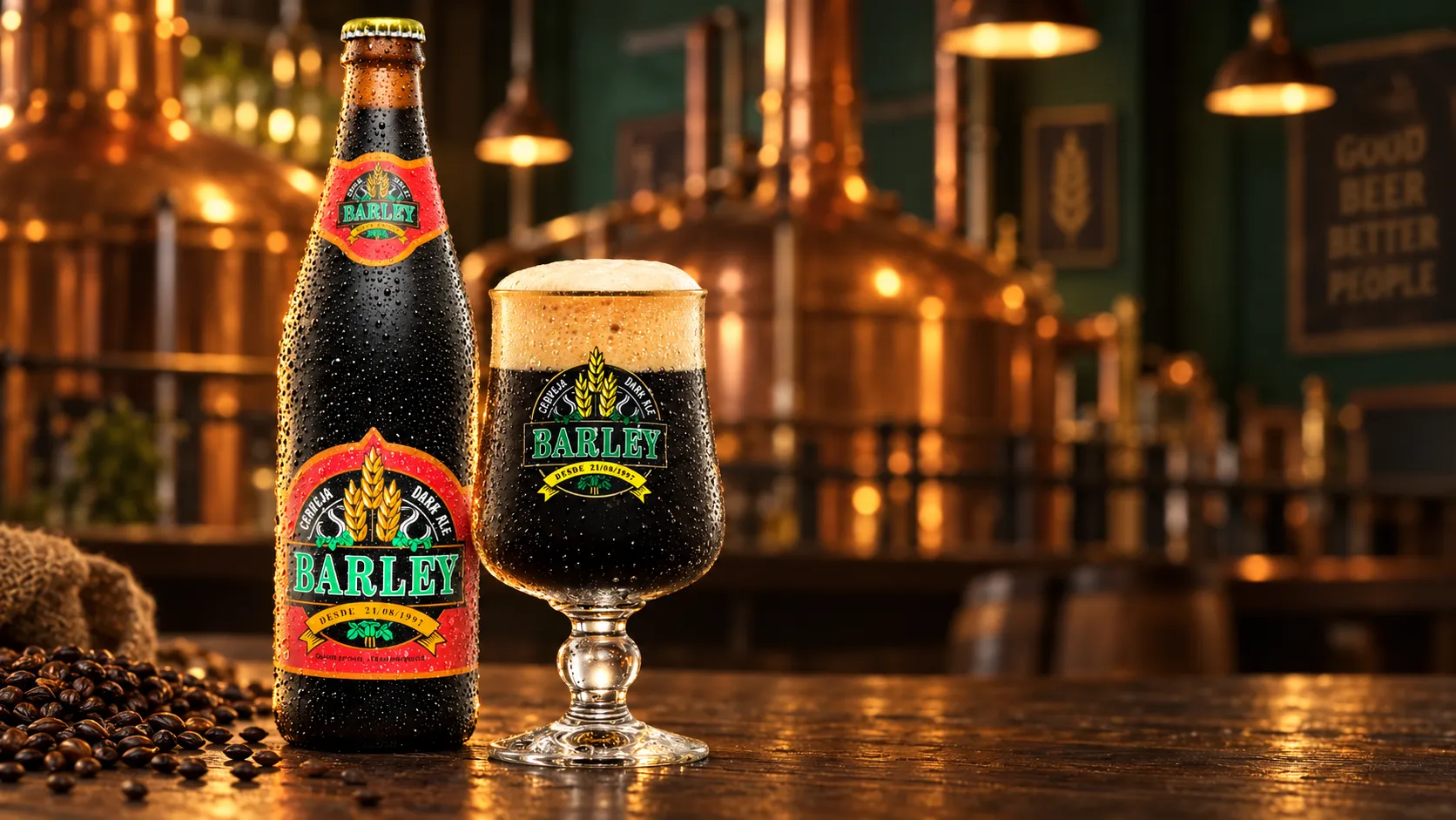 Garrafa e copo de cerveja Barley Dark em ambiente de cervejaria