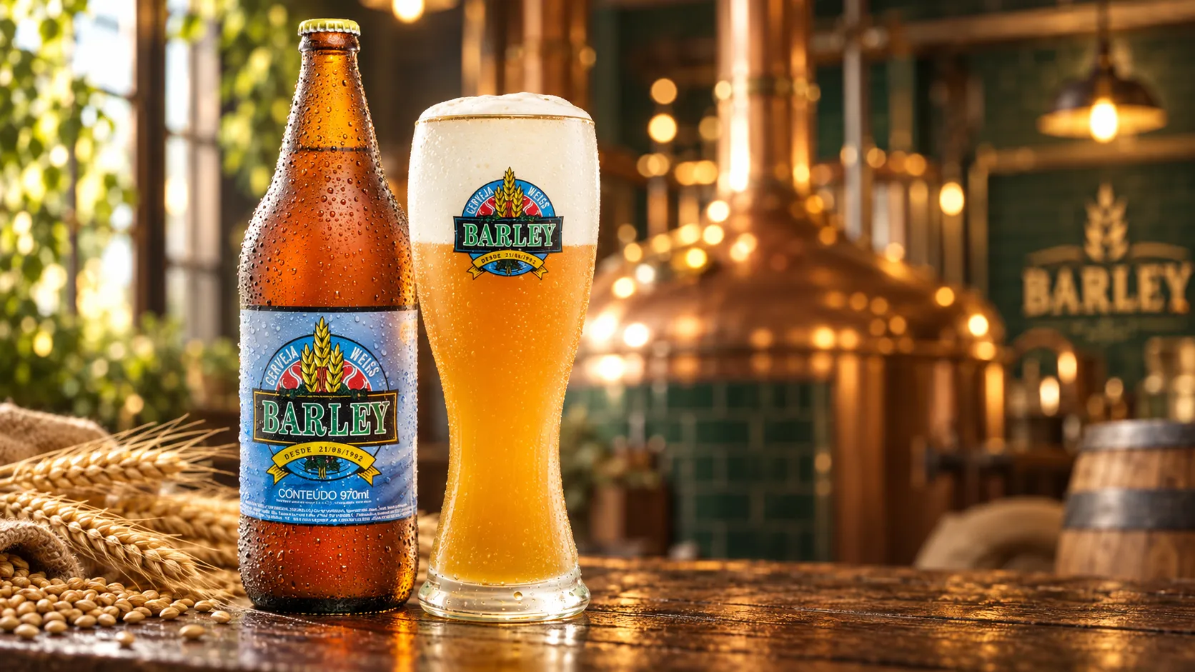 Garrafa e copo de cerveja Barley Weiss em ambiente de cervejaria